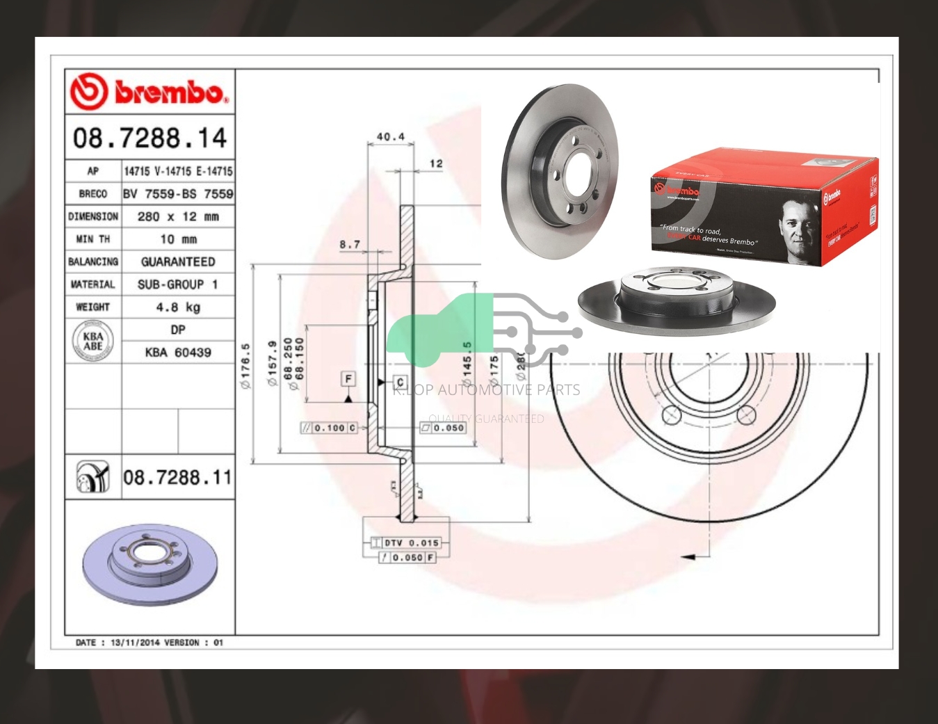 08 7288 11 จานเบรคหลัง (ยี่ห้อ BREMBO) VW Caravelle T4 (2.5, VR6 2.8) 95->