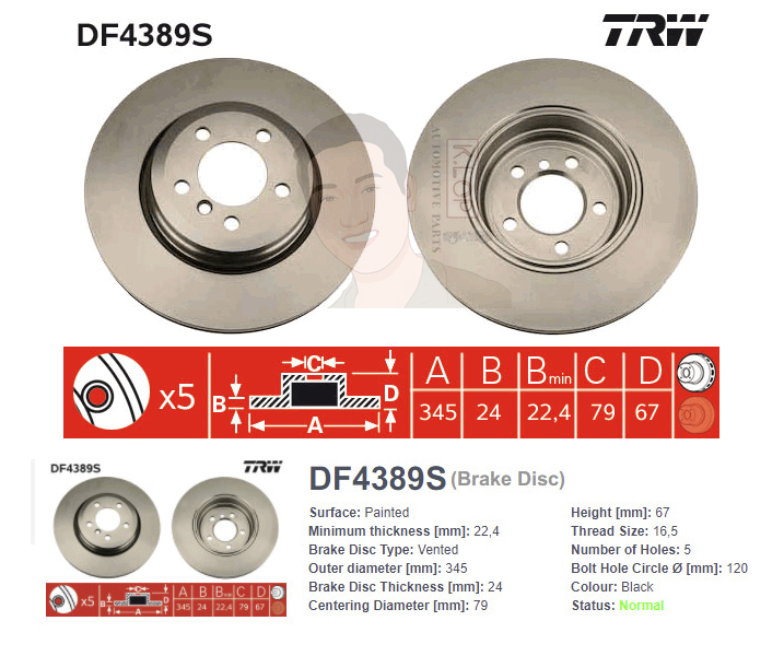 DF4389S จานเบรค-ดรัมเบรค(TRW) BMW E65, E66 (745i) / E60 (530d) <BP+HC> ปี2001-2003 R V
