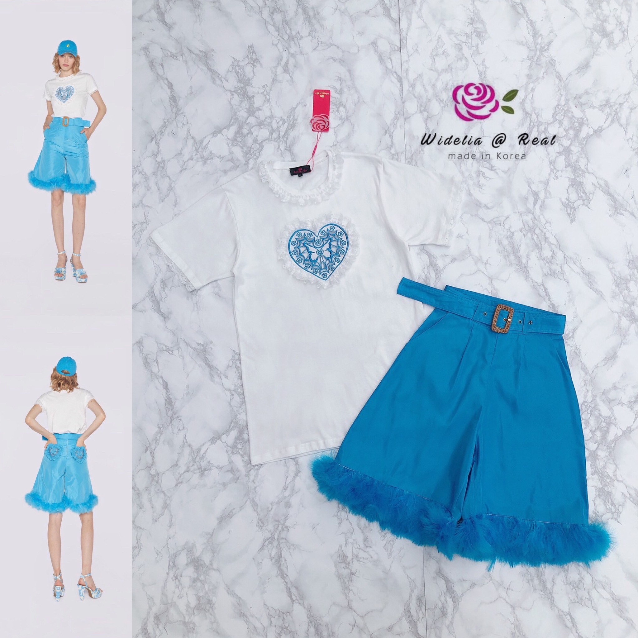TT Set Top+Pant เซ็ทเสื้อยืดหัวใจกับกางเกงเอวสูงแต่งขนแสนสวย
