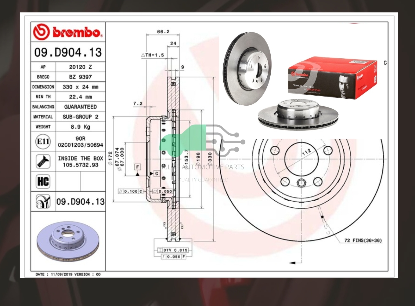 09 D904 13 จานเบรคหน้า (ยี่ห้อ BREMBO) BMW ซีรี่ส์ 5 G30 (20d 20i), X3 G01, X4 G02, Z4 G29 (30i) (HC) 2016-