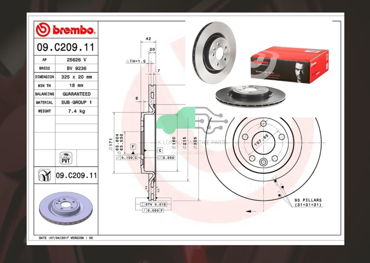 09 C209 11 จานเบรคหลัง (ยี่ห้อ BREMBO) LAND ROVER Range Rover Velar 17->/JAGUAR F-PACE ลอ้ 18น้วิ
