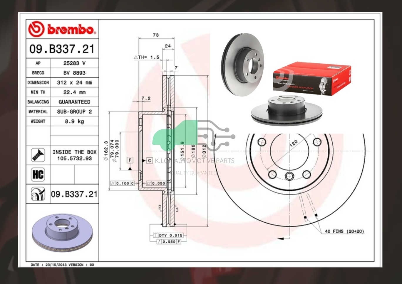 09 B337 21 จานเบรคหน้า (ยี่ห้อ BREMBO) BMW ซีรี่ส์ 3 E90 (320d) (HC)/3 F30 F34 (320d), 4 F32 (420d) (HC) 2011-/X1 E84 (18i 20d)
