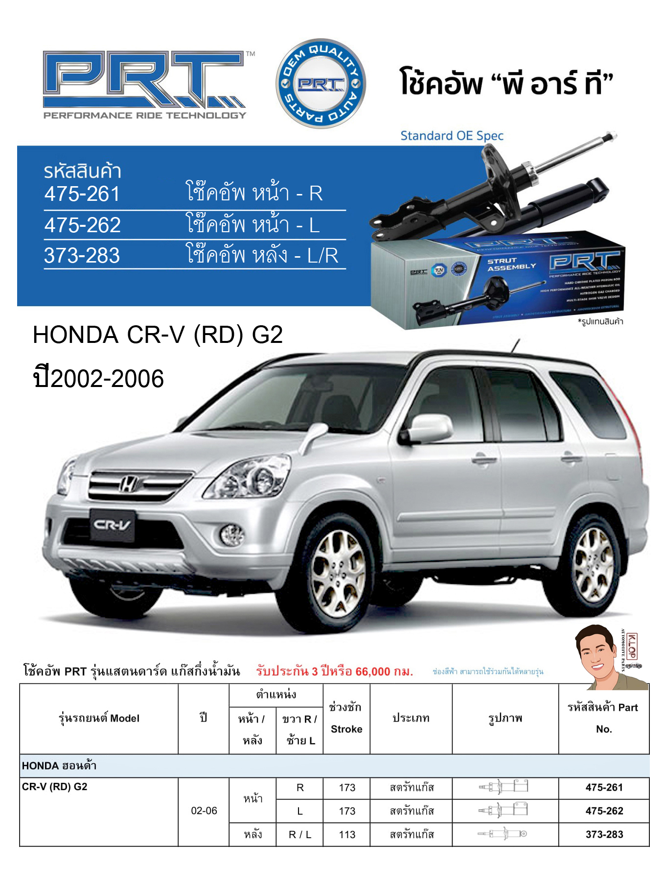 ชุดโช้คอัพ หน้า-หลัง (ยี่ห้อPRT มาตรฐานอเมริกา ประกัน 3 ปี) HONDA CR-V (RD) G2 ปี2002-2006