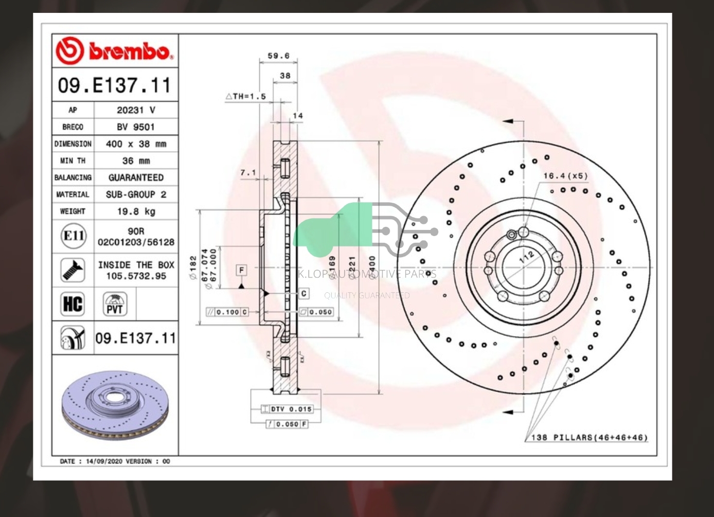 D09 E137 11 จานเบรคหน้า (ยี่ห้อ BREMBO) BENZ AMG V167 C167 GLE X167 GLS เจาะรู 2019- 400 มิล