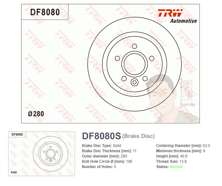 DF8080S จานเบรค-ดรัมเบรค(TRW) VOLVO V40 T4 / T5 AWD (B/S) ปี2013> R S