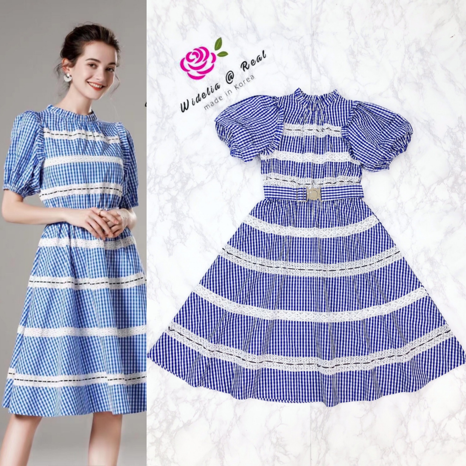 Korea Dress เดรสแขนตุ๊กตาแสนสวย เนื้อผ้าลายตารางน่ารักมาก