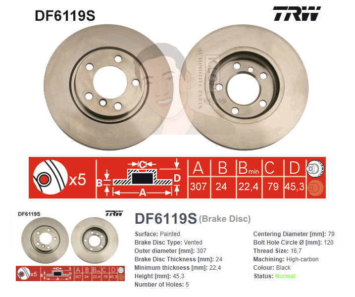 DF6119S จานเบรค-ดรัมเบรค(TRW) MINI Mini COUNTRYMAN R60 ปี2012-2016 F V