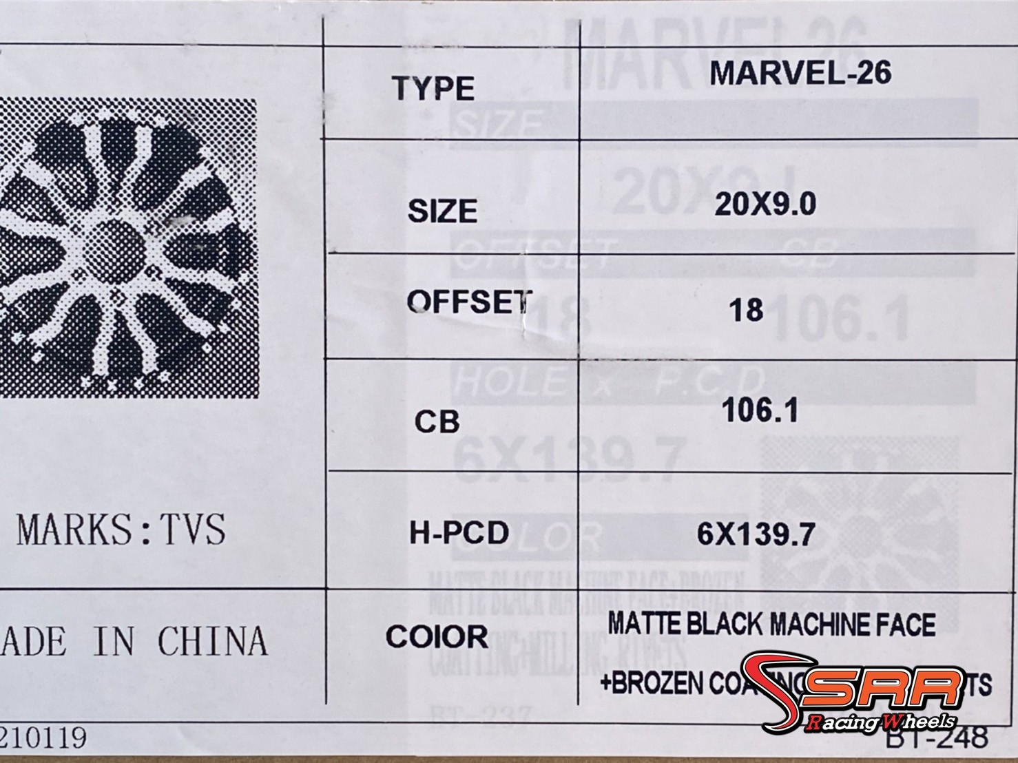 MARVEL-26 OASIS 20x9 6H139.7 ET+18 สีดำด้านหน้าชา