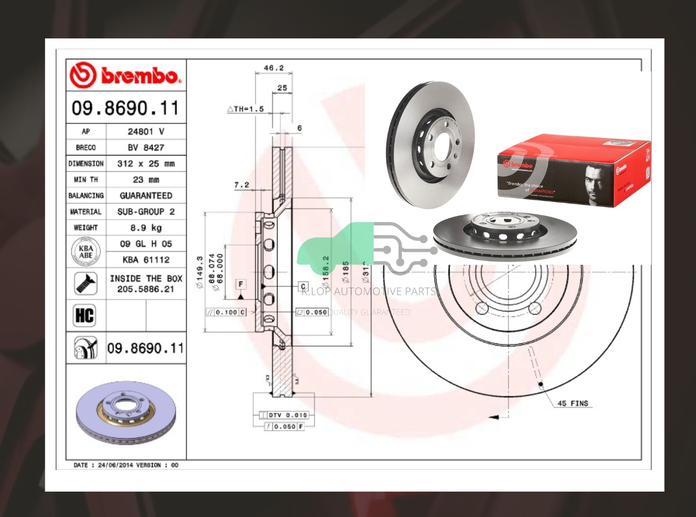 09 8690 11 จานเบรคหน้า (ยี่ห้อ BREMBO) Audi A6 (2.4) C5 (HC) 98-99