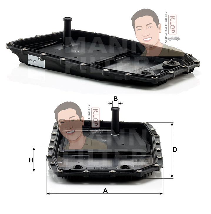 H50002 กรองเกียร์(BMW) 3(E90/E91/E92/E93),5(E60/E61),6(E63/E64),7(E65/E66),7(F01/F02/F03/F04),X3(E83),X5(E70),X6(E71,E72) เครื่องยนต์M5,N57,N63 (MANN-FILTER นำเข้ายุโรป) Dimensions(mm.) A=303 B=16 D=497 H=108