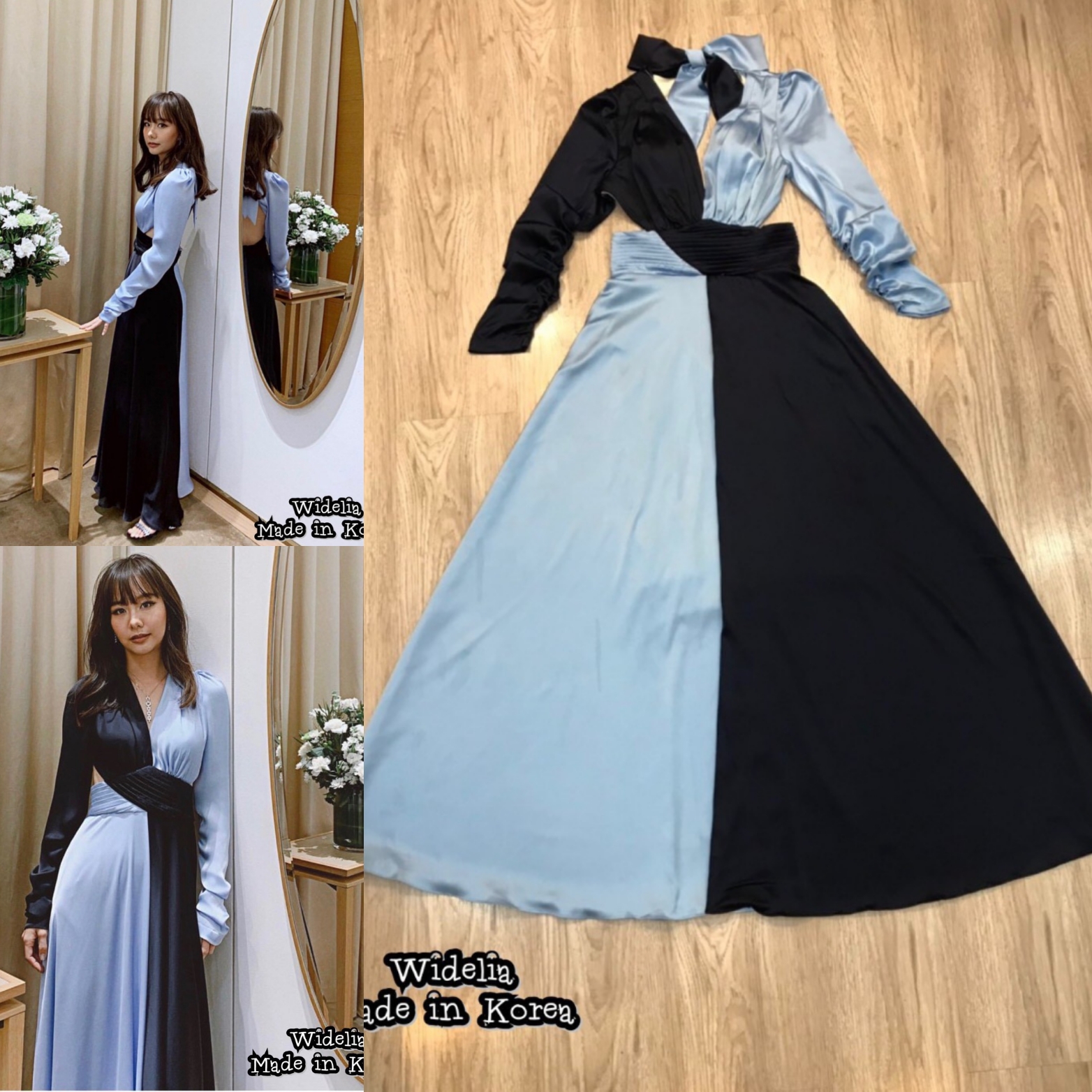 VLD Dress :: เดรสคอวีจับจีบช่วงอก แขนยาวช่วงแขนจับจีบเล็กน้อย