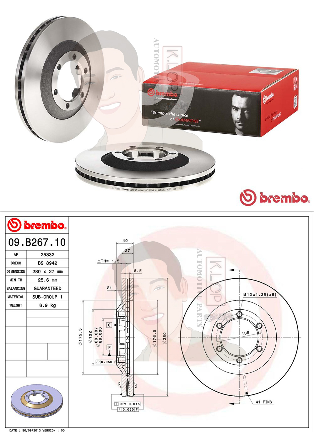09 B267 10 จานเบรค ล้อ F (ยี่ห้อ BREMBO) Chevrolet Colorado 4x4, 4x2 ปี 2002->/D-MAX 4x4, Gold 4x4 '07-12, Platinum 4x4, MU-7