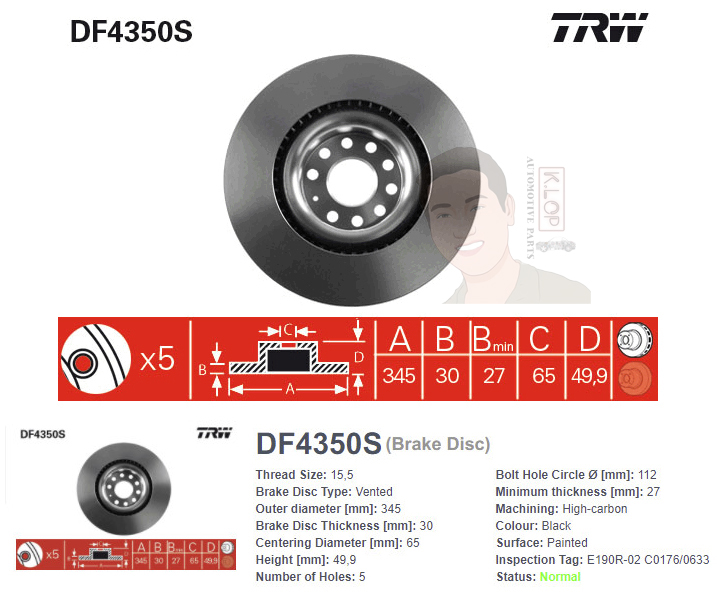 DF4350S จานเบรค-ดรัมเบรค(TRW) VW GOLF VI (5K1) 1.4 TSI, 2.0 GTI ปี2008-2012 F V