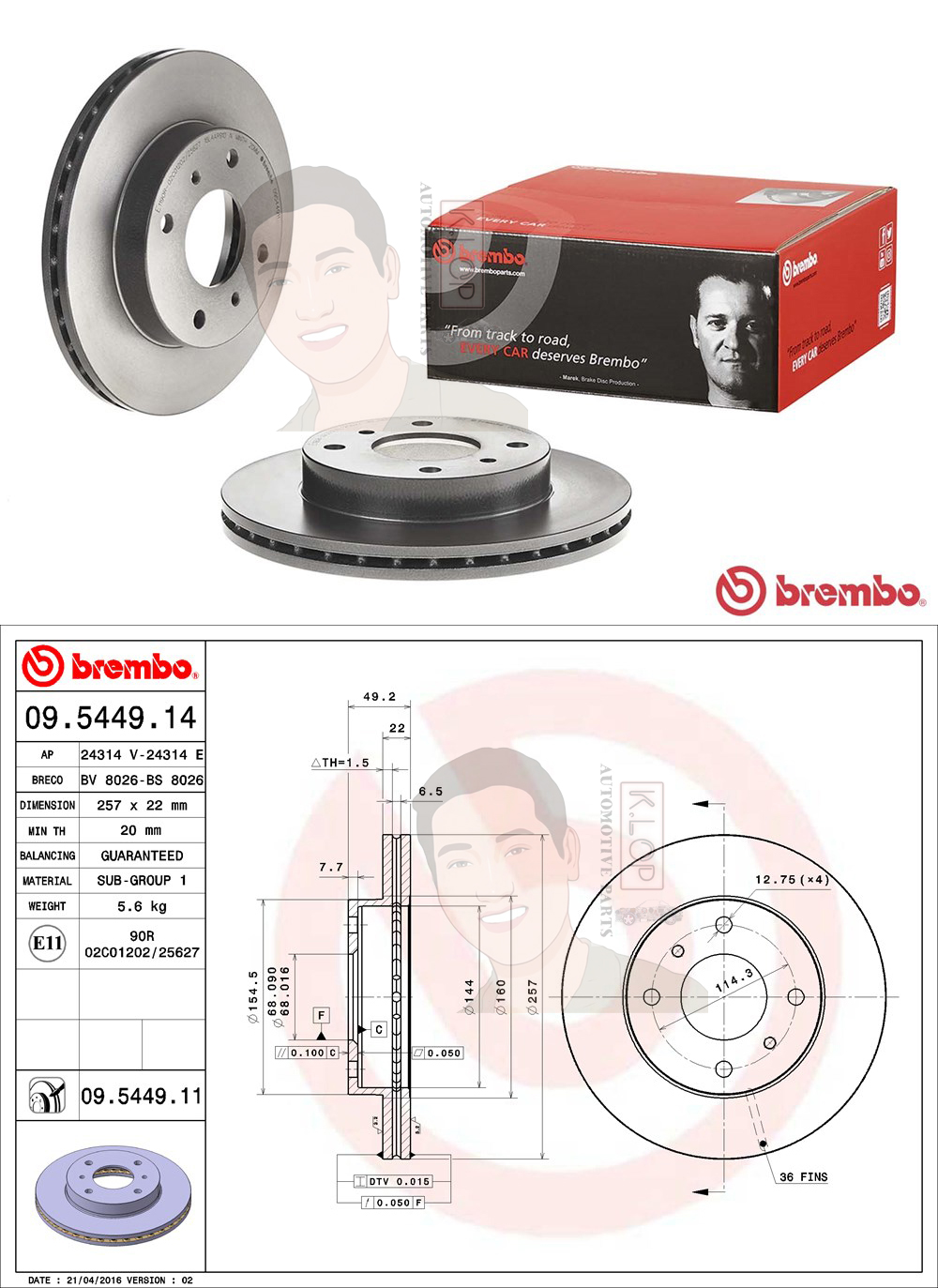 09 5449 11 จานเบรค ล้อ F (ยี่ห้อ BREMBO) รุ่น UV NISSAN Cefiro A31 24V, U12, 200SX ปี1988-1994