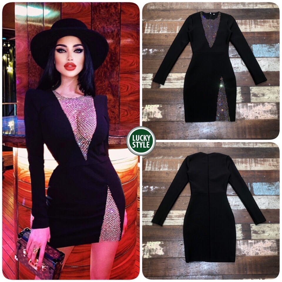 Korea dress นิตติ้งแขนยาวต่อตาข่ายเพชร