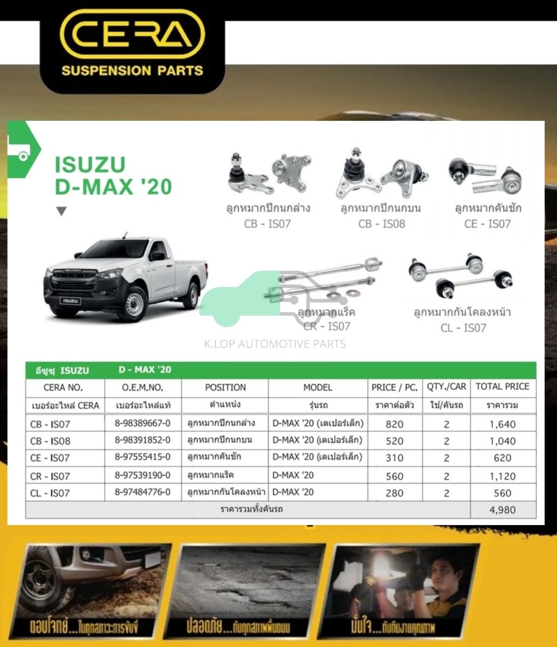 ชุดเปลี่ยนลูกหมากช่วงล่าง(CERA) ISUZU D-MAX 2WD 2020 (MADE IN THAILAND) *** มาอุดหนุนสินค้าไทยกันครับ
