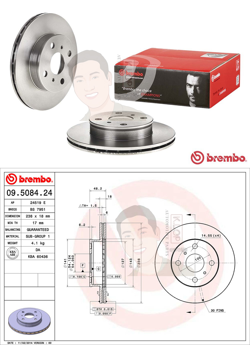 09 5084 24 จานเบรก-หน้า(BREMBO) รุ่น Standard : TOYOTA EE100/101 AT171 ปี1987-1996
