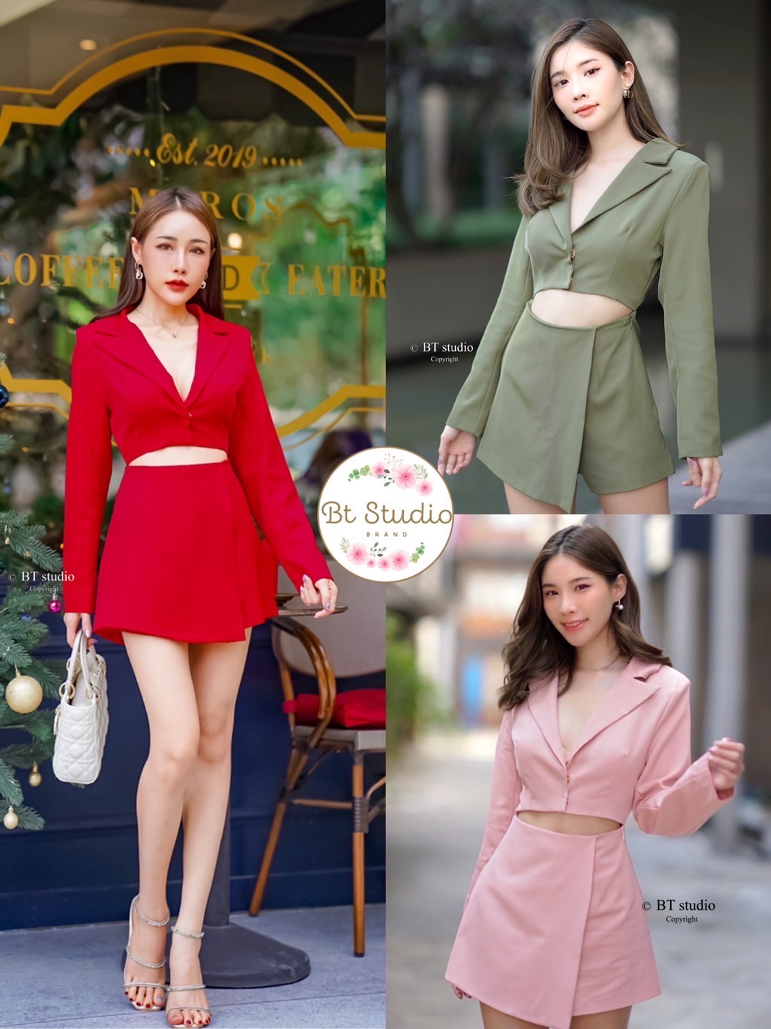 04-0690 เพย์สูทขาสั้นแขนยาว แต่งคอปกติดแป๊ก 2 เม็ด เว้าเอว