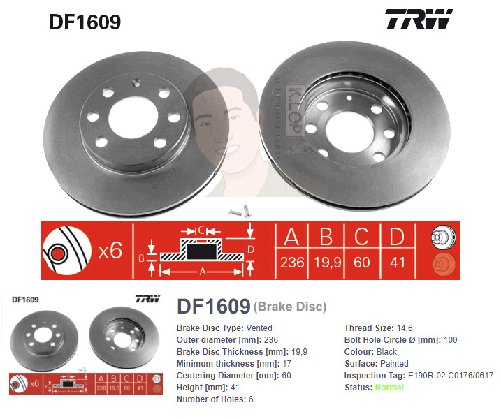 DF1609 จานเบรค-ดรัมเบรค(TRW) OPEL ASTRA 1.6 (8V) / CORSA B 1.2, 1.4 / DAEWOO NEXIA ปี1993-1995 F V