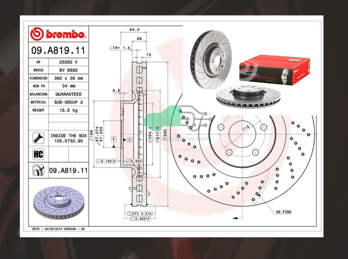 D09 A819 11 จานเบรคหน้า (ยี่ห้อ BREMBO) BENZ 55AMG SLK R172, 43AMG SLC R172 (เจาะรู) (HC) 13-19/55AMG E W211,C219 (HC)