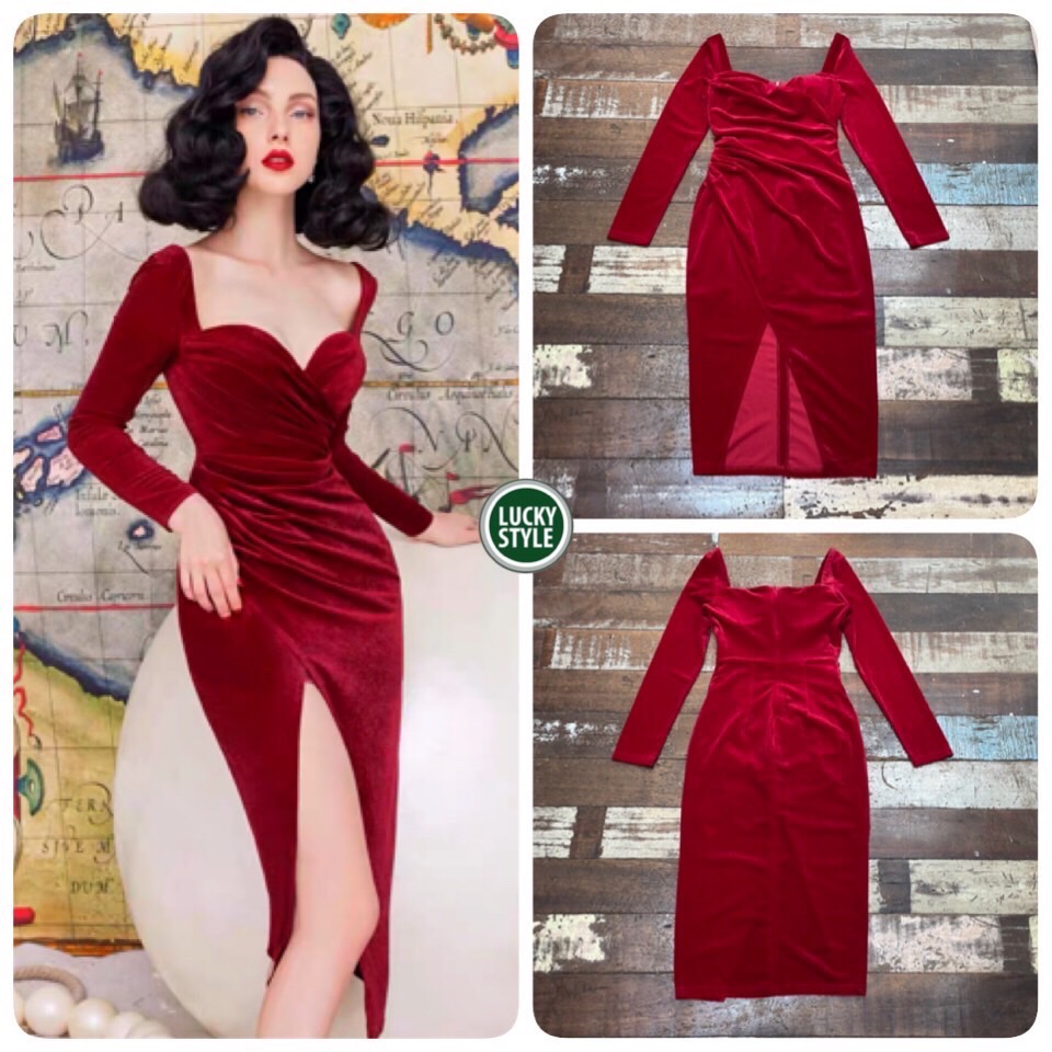 Korea dress กำมะหยี่แดงจับจีบแหวกเฉลียง