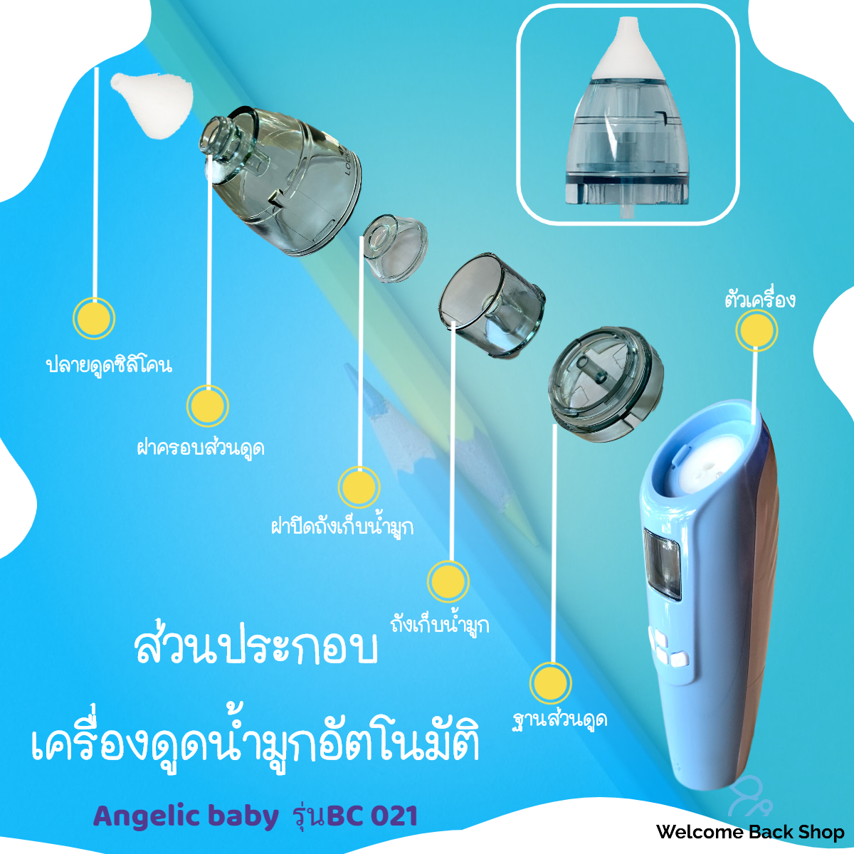 เครื่องดูดน้ำมูกอัตโนมัติ Angelic baby รุ่น BC 021 ที่ดูดน้ำมูกอัตโนมัติ แรงดูดปรับได้ 3 ระดับ ได้รับมาตรฐานจากยุโรปและอเมริกา