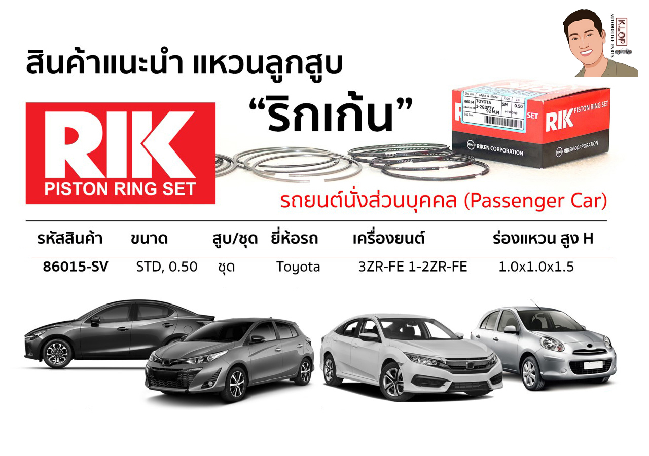 86015-SV แหวนลูกสูบ(RIK-ริกเก้น) ขนาด STD,0.50 ชุด Toyota เครื่องยนต์ 3ZR-FE 1-2ZR-FE ร่องแหวน สูง H 1.0x1.0x1.5