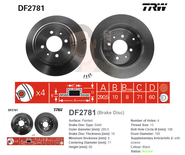 DF2781 จานเบรค-ดรัมเบรค(TRW) PEUGEOT 406 2.0 (8B,9B) ปี1997-2004 R S