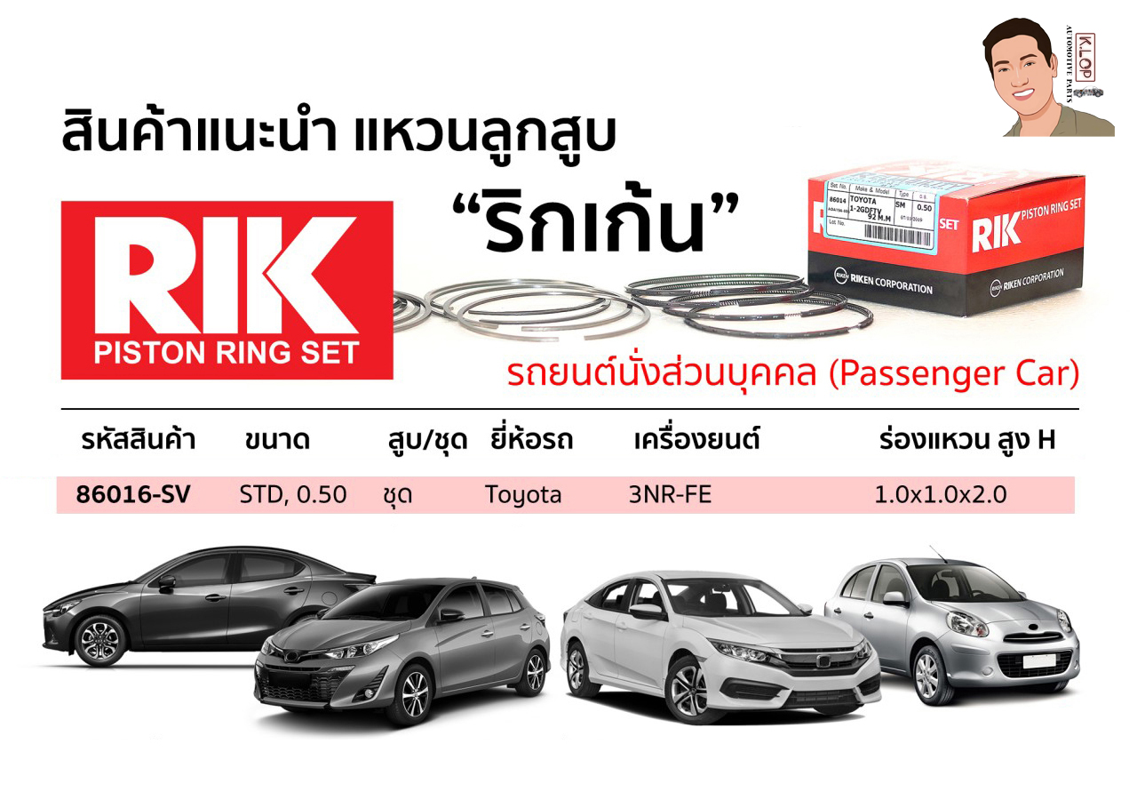86016-SV แหวนลูกสูบ(RIK-ริกเก้น) ขนาด STD,0.50 ชุด Toyota เครื่องยนต์ 3NR-FE ร่องแหวน สูง H 1.0x1.0x2.0