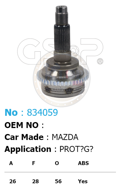 รหัสสินค้า 834059 ฟันนอก26 ฟันใน28 คอบ่าซีล56 มีABS [หัวเพลานอก ยี่ห้อGS-P] MAZDA PROTEGE