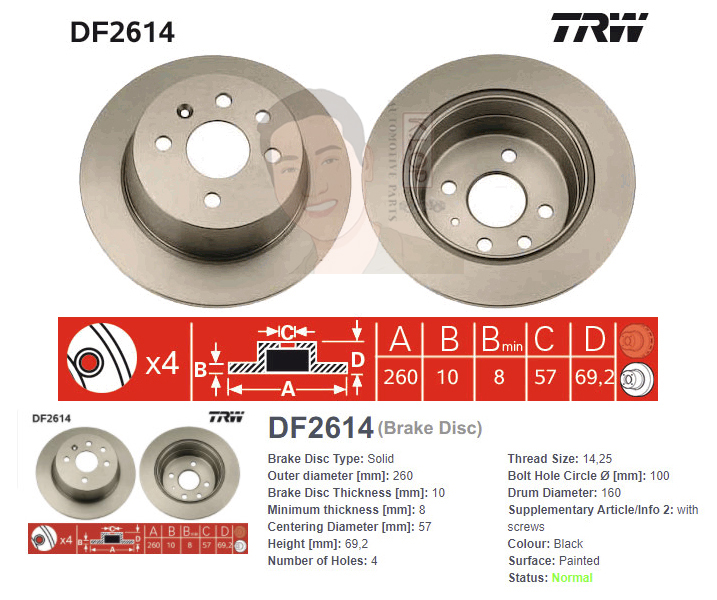 DF2614 จานเบรค-ดรัมเบรค(TRW) OPEL ASTRA 1.6,1.8 (16V) ปี1992-2000 R S