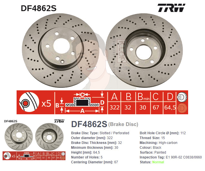 DF4862S จานเบรค-ดรัมเบรค(TRW) BENZ W207 E350 CDI Coupe ปี2010> /W212 E200,E250,E300,E350 ปี2009> F V