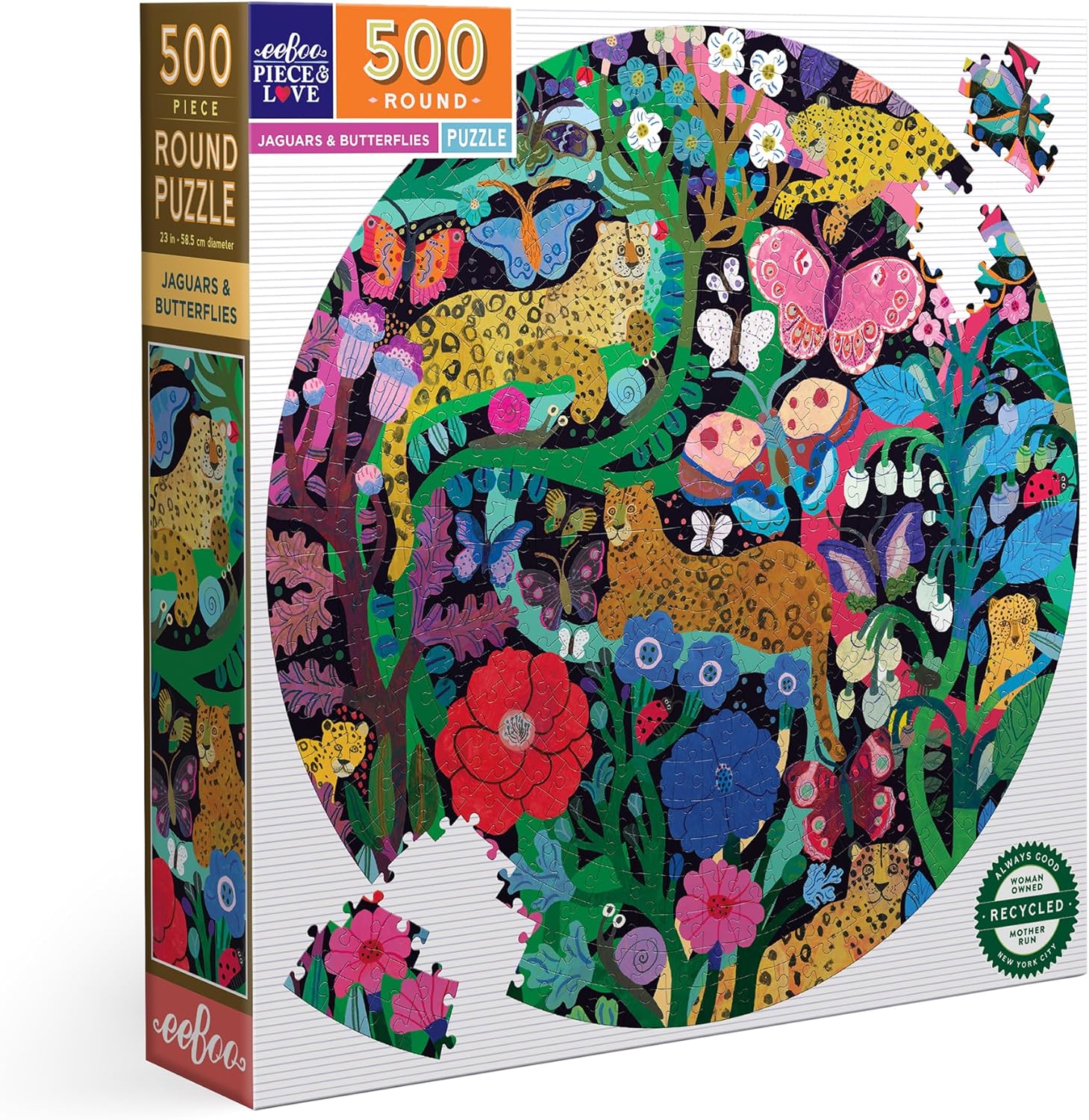 eeBoo - Jaguars and Butterflies (Round Puzzle) (58.5 cm.) 500 pcs.