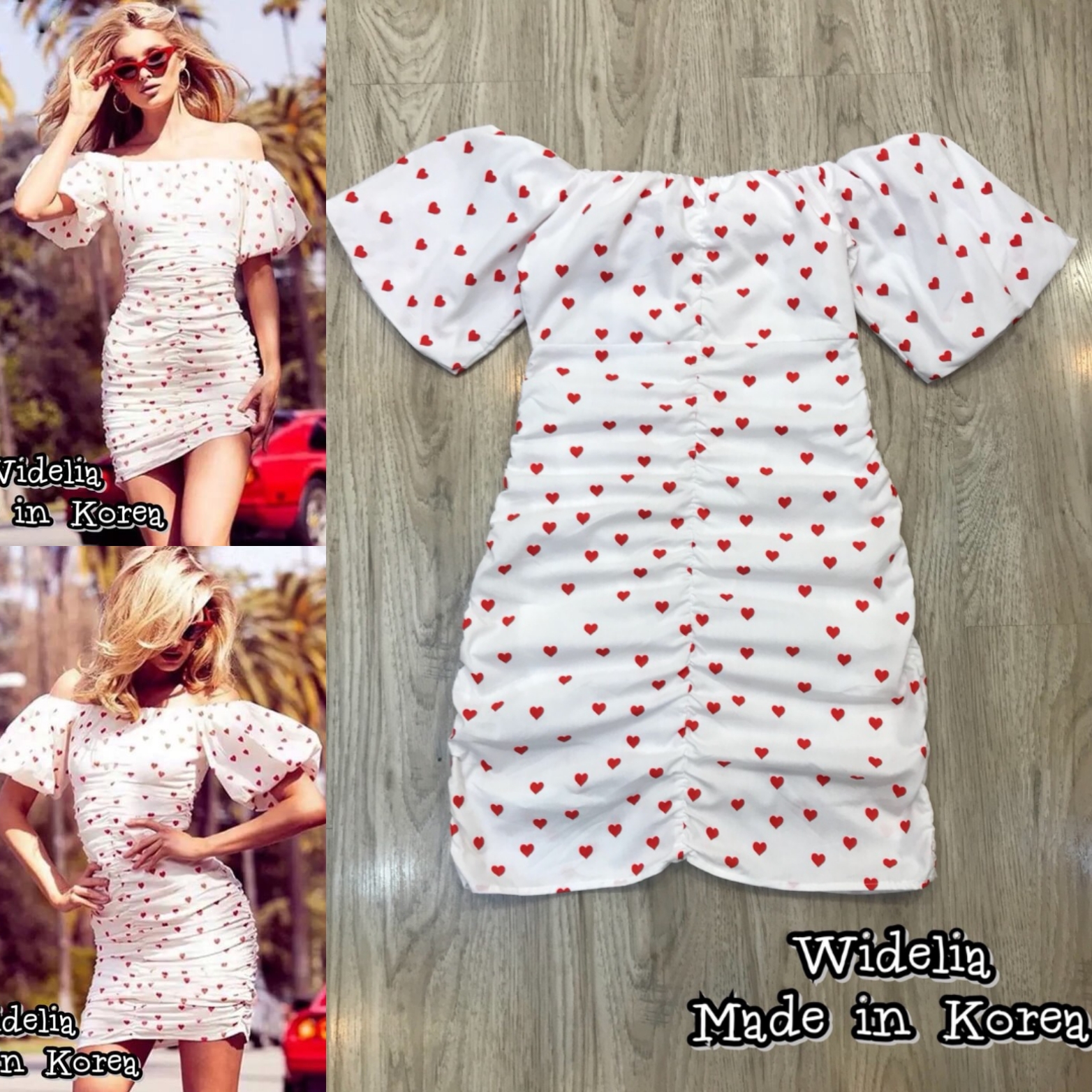 Ins Dress :: เดรสปาดไหล่แขนพองพิมพ์ลายหัวใจ