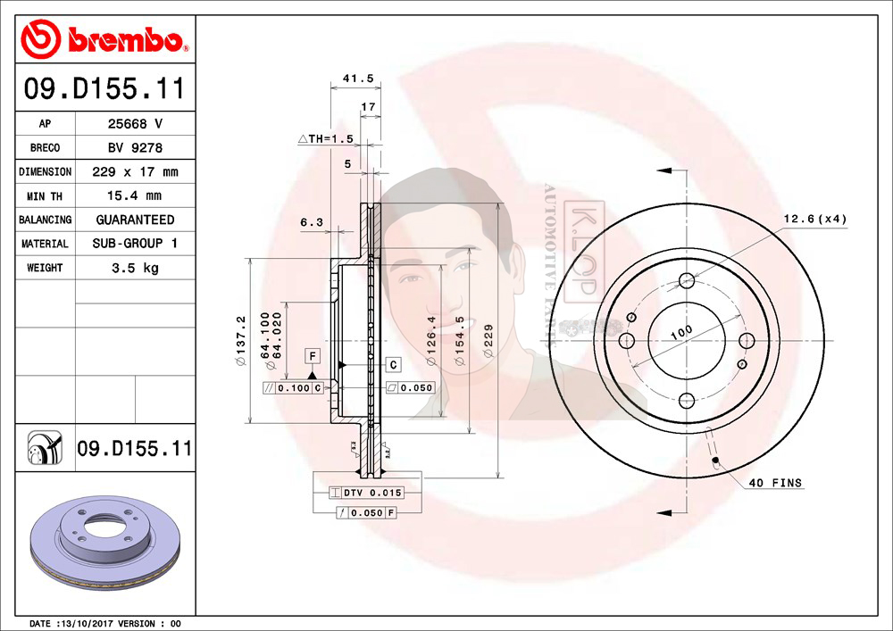 09 D155 11 จานเบรค ล้อ F (ยี่ห้อ BREMBO) รุ่น MITSUBISHI Mirage ปี 2012->