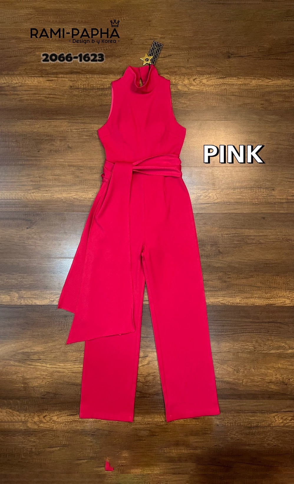 จั้มสูทขายาว+ผ้าผูกเอว จั๊มสูทขายาวดีไซน์สวยหรูแบบผู้ดี Pink