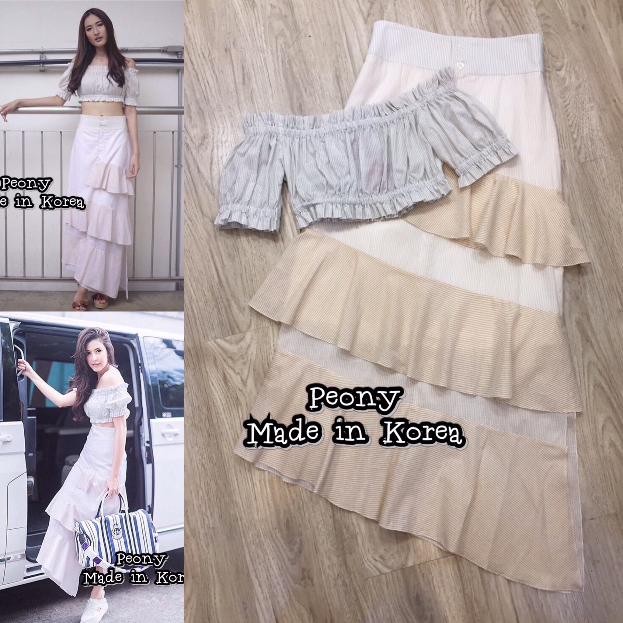 *พร้อมส่ง*VWE. Set :: เซทเสื้อครอปปาดไหล่จับสม๊อคตัวสวย มาเข้าชุดกับกระโปรงเอวสูง