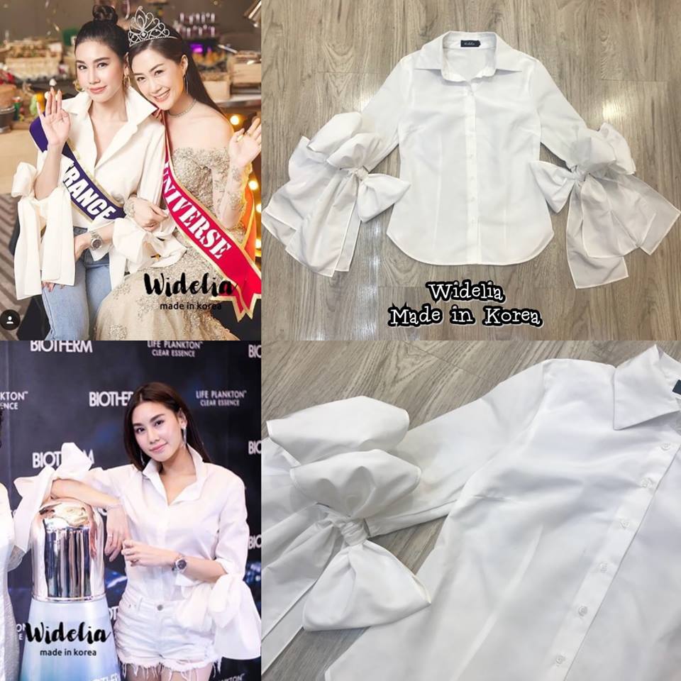 Poem Shirt >>เชิ๊ตคอปกแขนสี่ส่วนผูกโบว์ทั้งสองข้างเก๋ไก๋สุดๆ