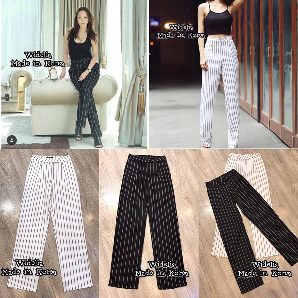 *พร้อมส่ง*KML Pant::กางเกงเอวสูงลายทาง ซิปหน้า ทรงกระบอก ลายริ้ว