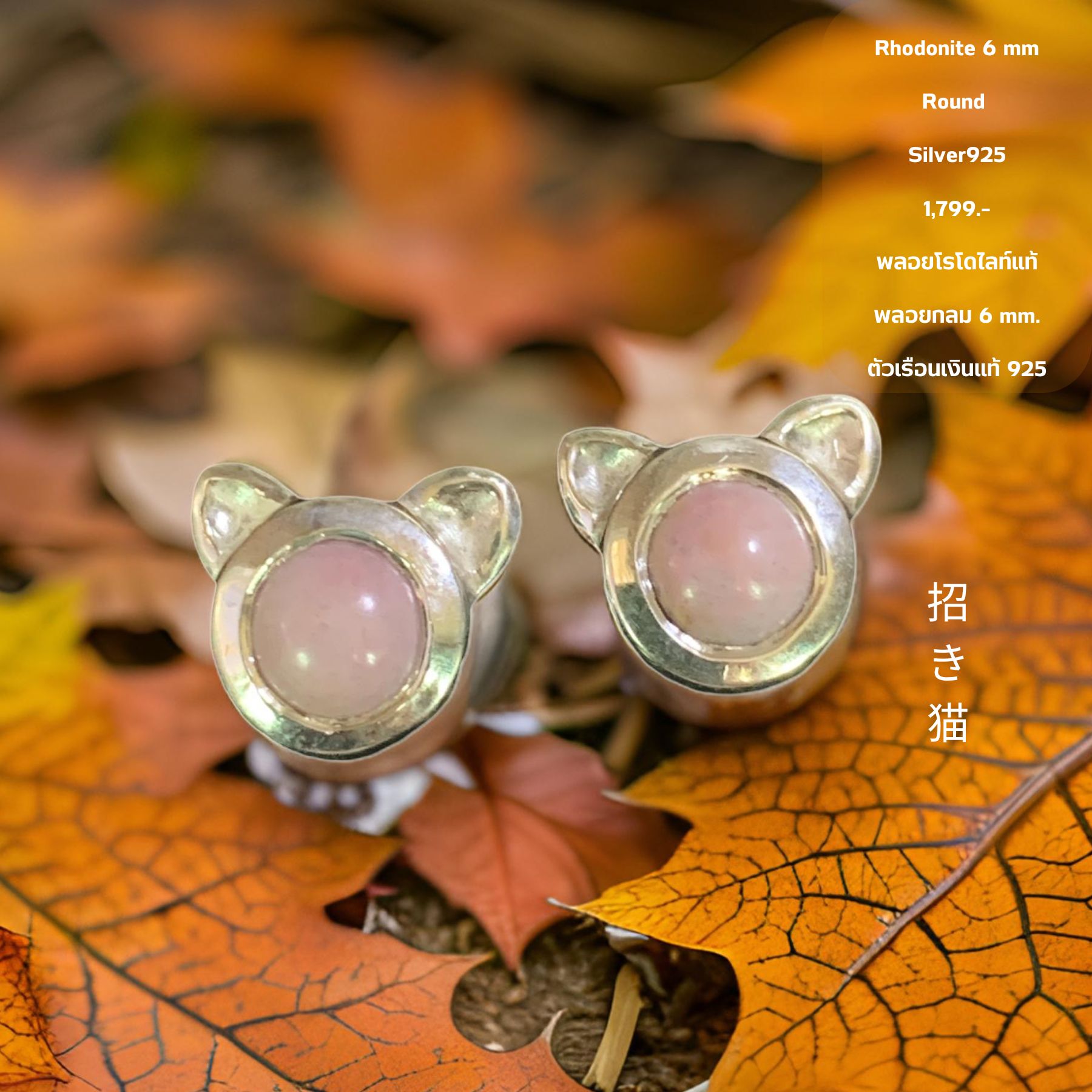 ต่างหูพลอย โรโดไนท์แท้ (NO.TC022) 招 き 猫 แมวนำโชค 💎 Rhodonite Gemstone earring