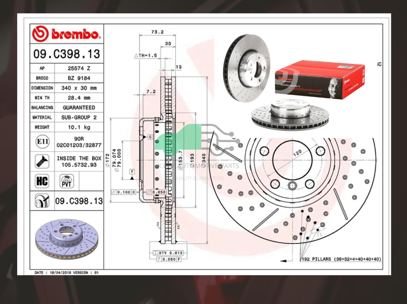 D09 C398 13 จานเบรคหน้า (ยี่ห้อ BREMBO) V-PVT BMW ซีรี่ส์ 3 F30, 4 F32, 1 F20 เจาะรู/เซาะร่อง (M Sports) (HC) 2011-