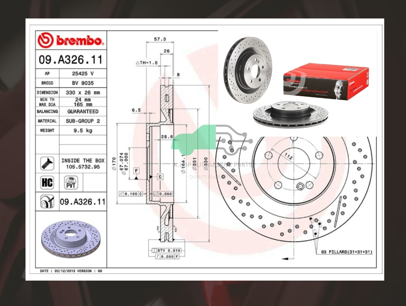D09 A326 11 จานเบรคหลัง (ยี่ห้อ BREMBO) BENZ 63AMG W204 เจาะรู(HC)