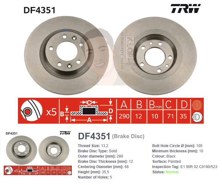 DF4351 จานเบรค-ดรัมเบรค(TRW) PEUGEOT 407 ปี2004> R S / 508 ปี2011 R S