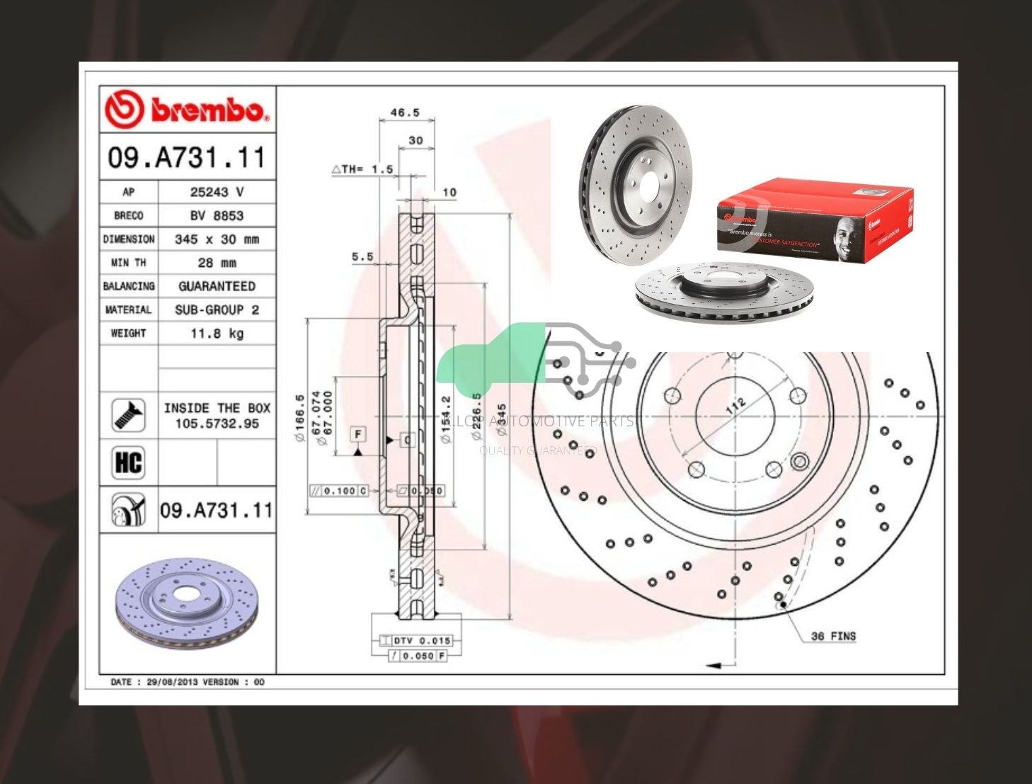 D09 A731 11 จานเบรคหน้า (ยี่ห้อ BREMBO) BENZ 55AMG SLK R171 (เจาะรู) (HC)/55AMG C W203, 63AMG CLK C209 (เจาะรู) (HC)