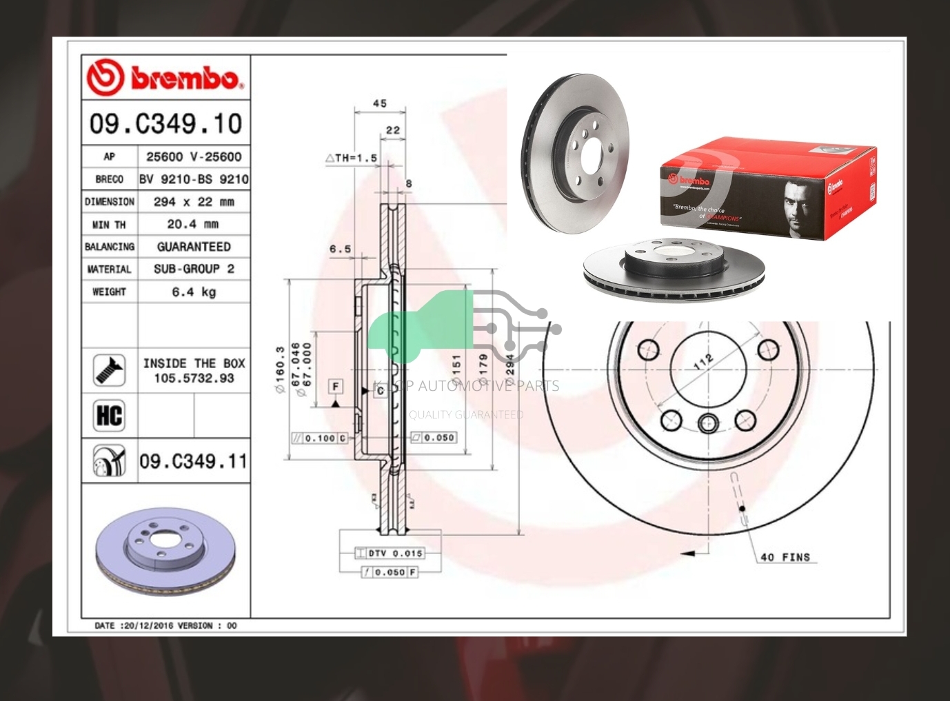 09 C349 11 จานเบรคหน้า (ยี่ห้อ BREMBO) รุ่น HC UV BMW ซีรี่ส์ 2 F45 F46 Tourer (218i)/ Mini F56 F54 F55 F57 (Cooper S D SD) 2014-
