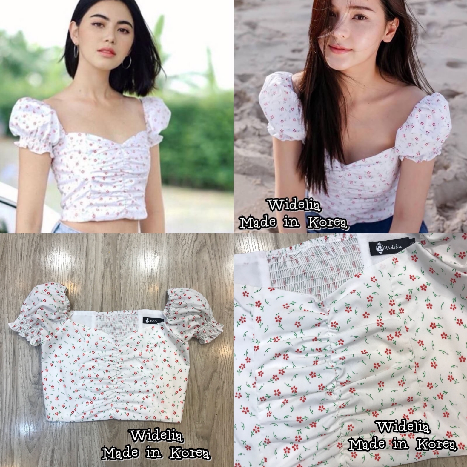 MNC Top >>เสื้อครอปแขนสั้น แขนพองน่ารัก ปลายแขนเป็นสม็อคมีระบายเล็กๆ