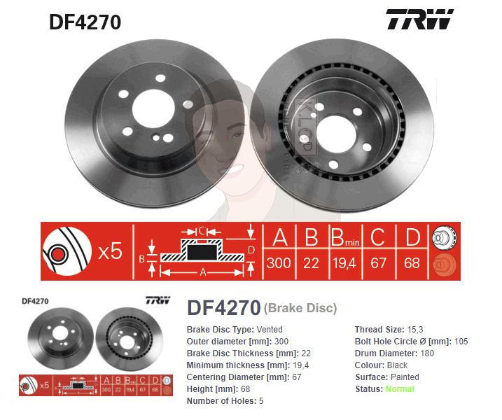 DF4270 จานเบรค-ดรัมเบรค(TRW) BENZ W211 E220 CDI ปี2002> /W212 E300,E350 ปี2009> /C219 CLS350,CLS500 ปี2004-2011 R V