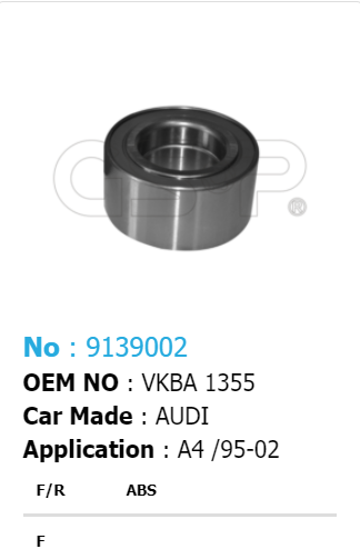 913002 ลูกปืนล้อหน้าแท้ GSP : AUDI A4 /95-02 OEM NO. VKBA 1355***ราคาต่อข้าง