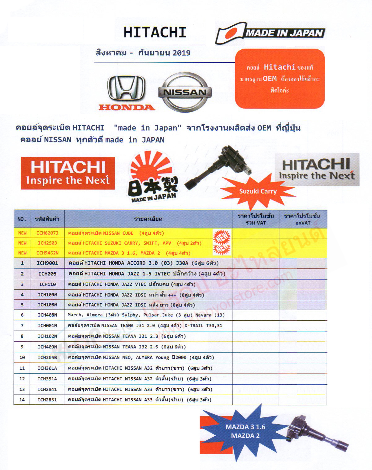 รวม-คอยล์จุดระเบิด (Hitachi) รถยนต์ทุกยี่ห้อ-ที่จำหน่าย (อัพเดท 6-9-2019)