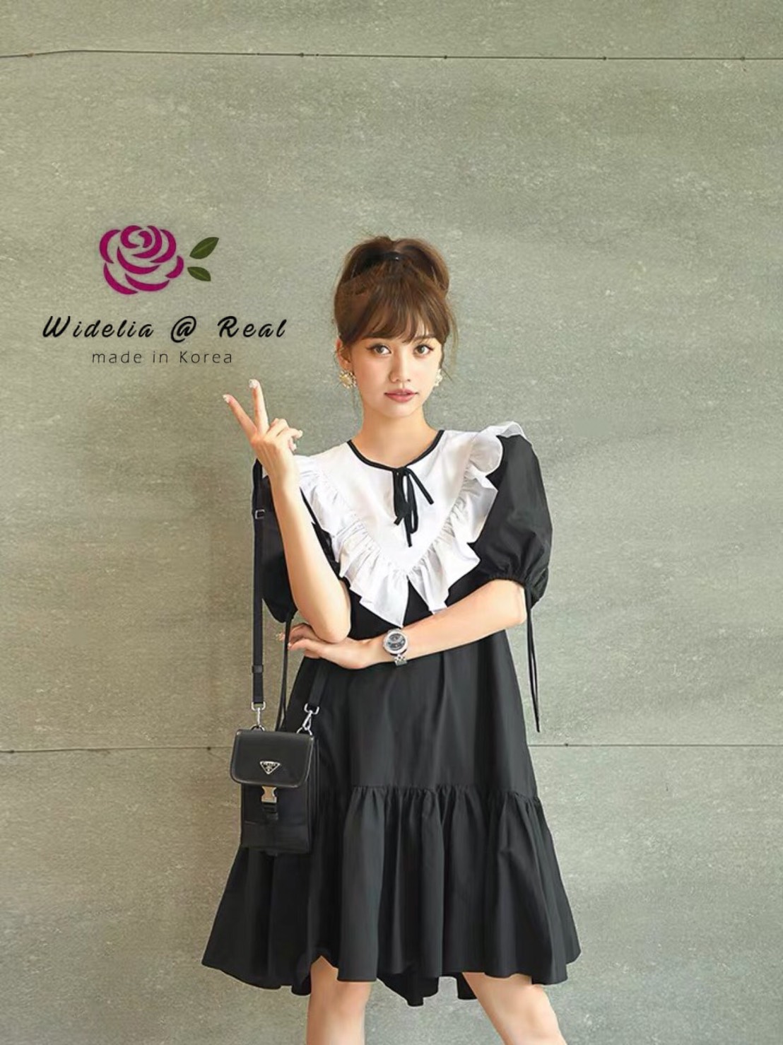 Korea Dress เดรสแขนพองผูกโบว์ ตัวนี้โครตน่ารัก คอผูกโบว์พร้อมเย็บระบายสีขาว